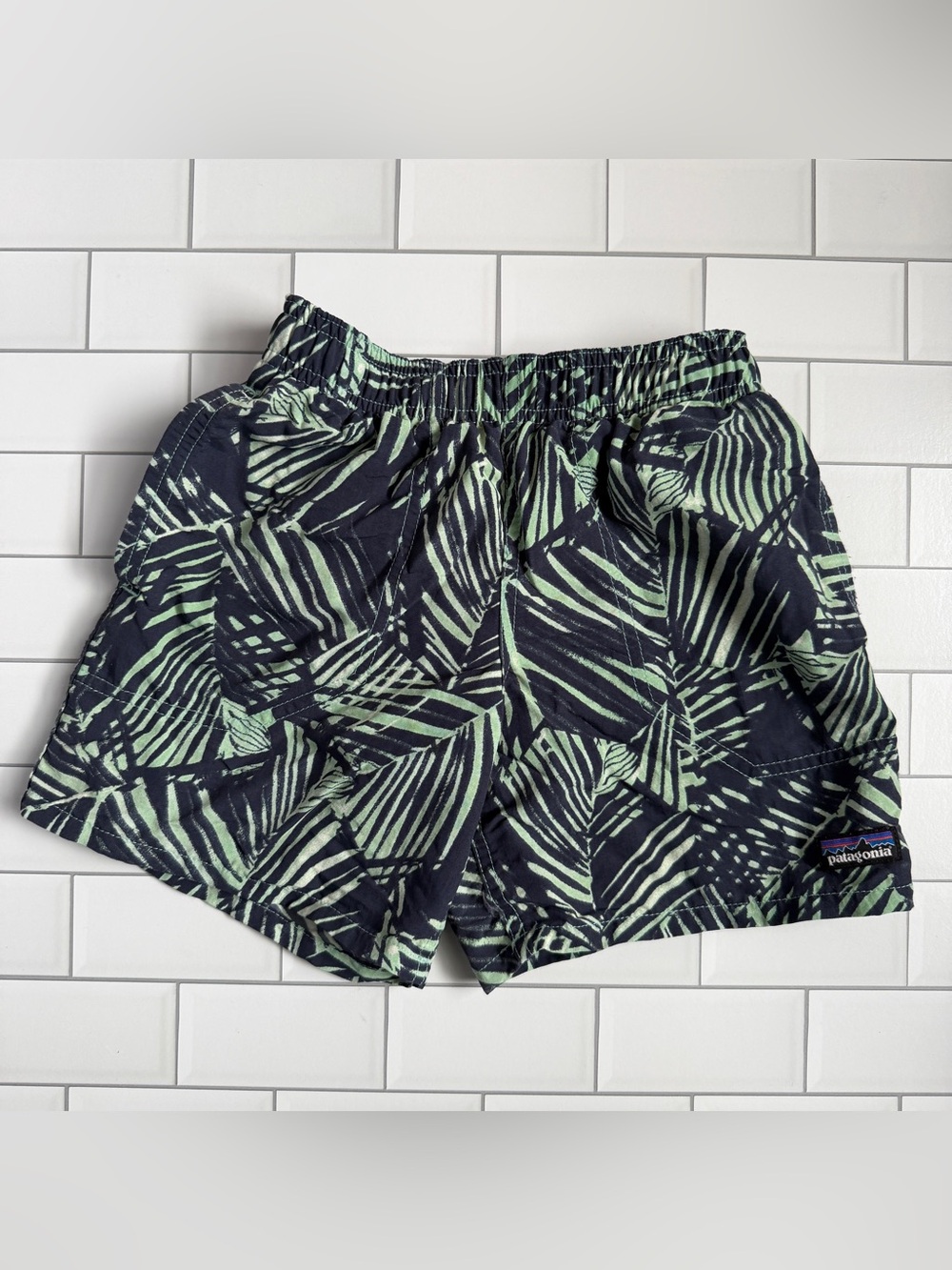 XS🌊 Patagonia Boys Baggies Shorts 5" Lined Swim Trunks Blue Green Palm Print